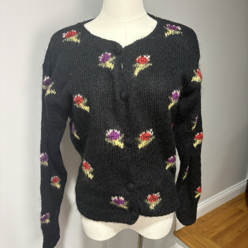 Vtg Cambridge Mohair Blend Floral Cardigan Sweater Sz PM Black Button Front
